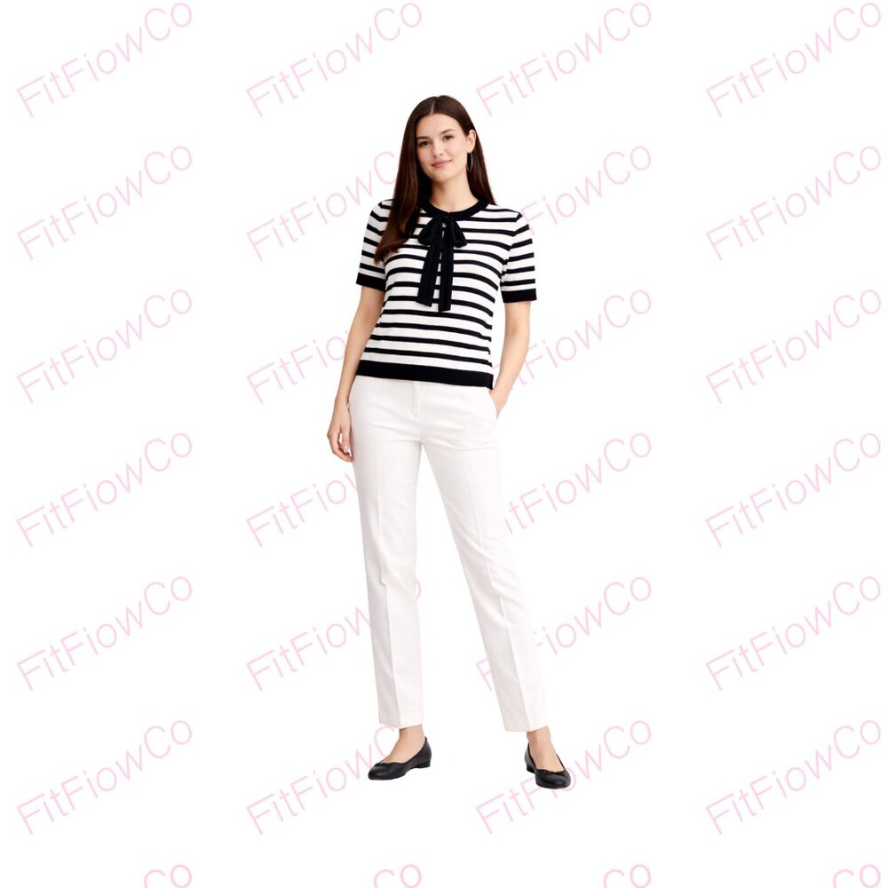 ZARA Knit Striped Bow Top Black White Short Sleeve Sweater Parisian Chic Size S